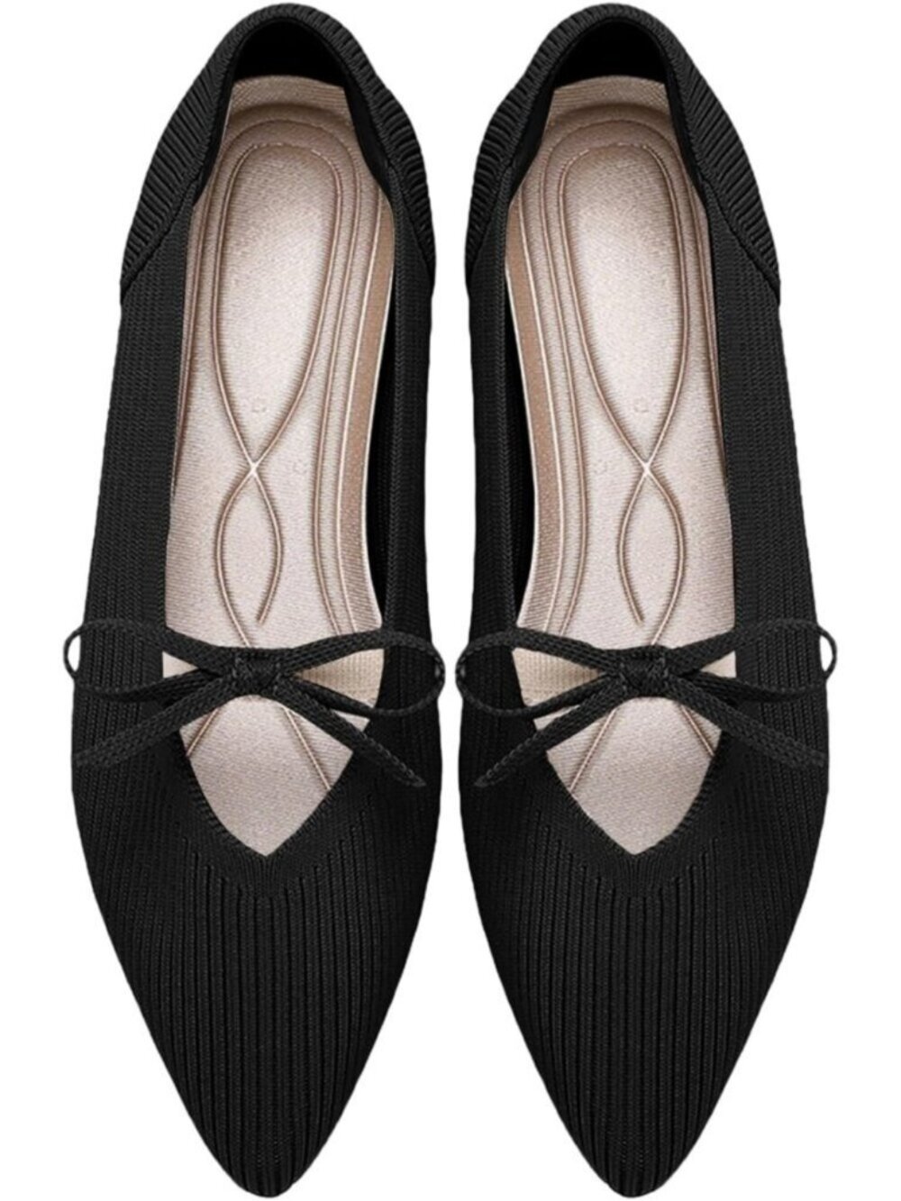 Women's Black Pointed Toe Knit Ballet Flats Comfortable Pull On Casual Shoes